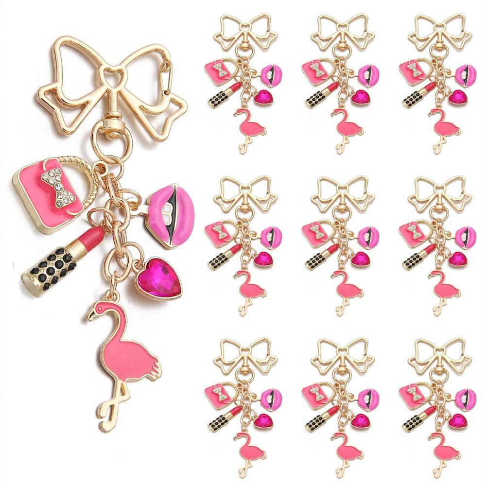 4964 10PCS Fashion Charm Keychain with Pink Flamingo, Lipstick, Heart